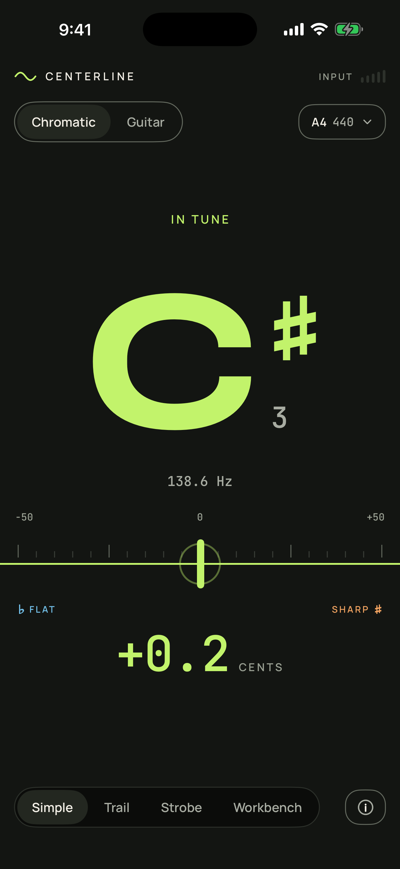 Centerline's Chromatic Simple display showing C sharp 3 in tune