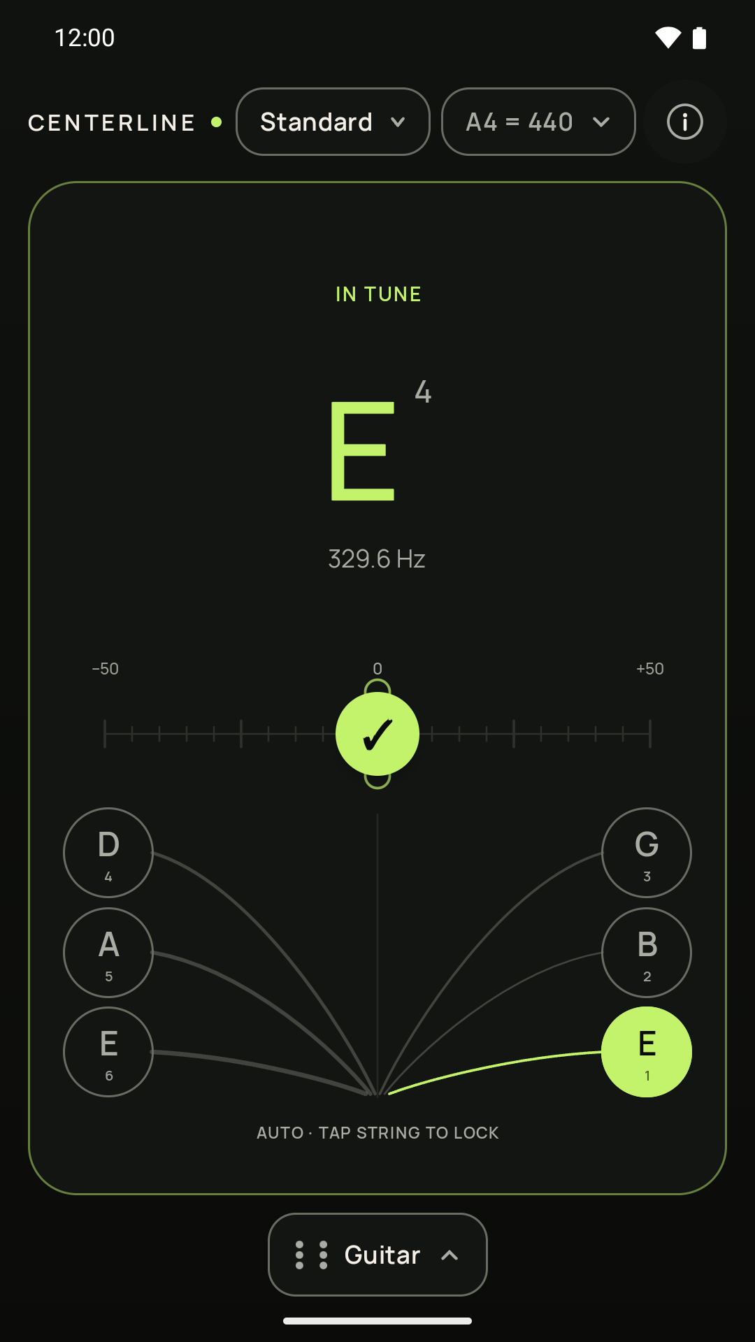Centerline's Guitar display showing the high E string in tune