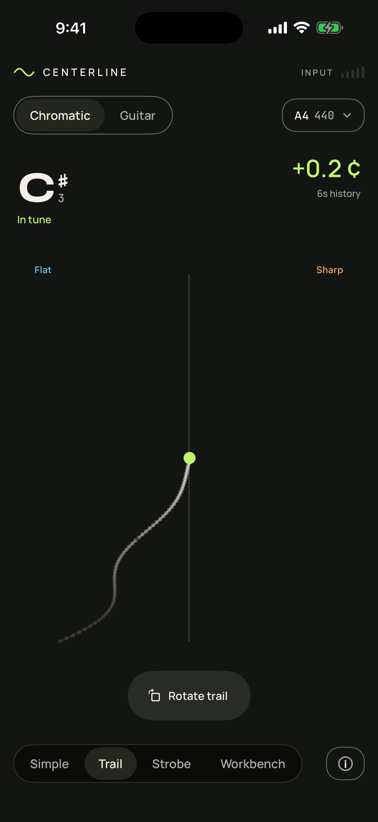 Chromatic Trail display showing six seconds of C sharp 3 pitch history