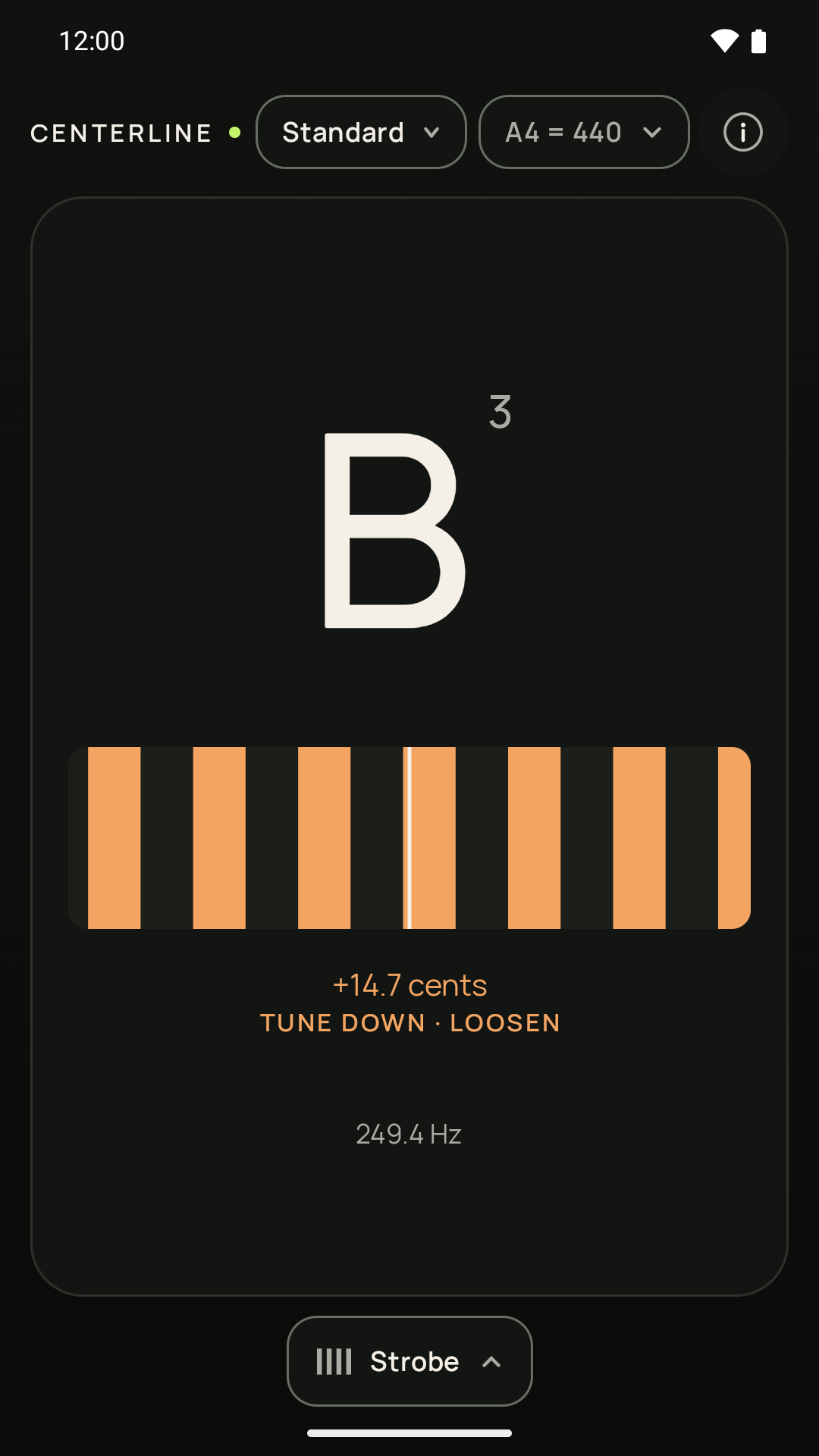 Strobe display showing a B string that is 15 cents sharp