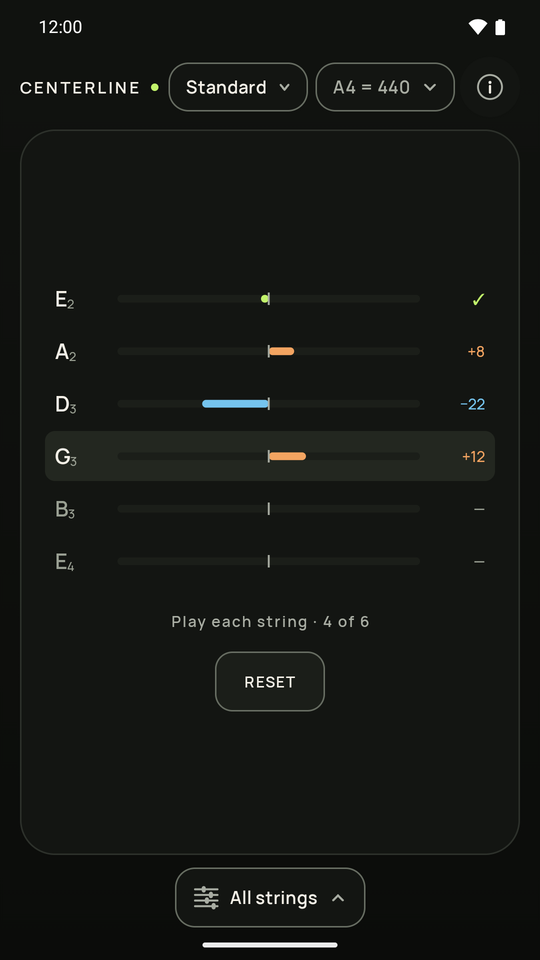 All Strings display showing tuning progress across six strings