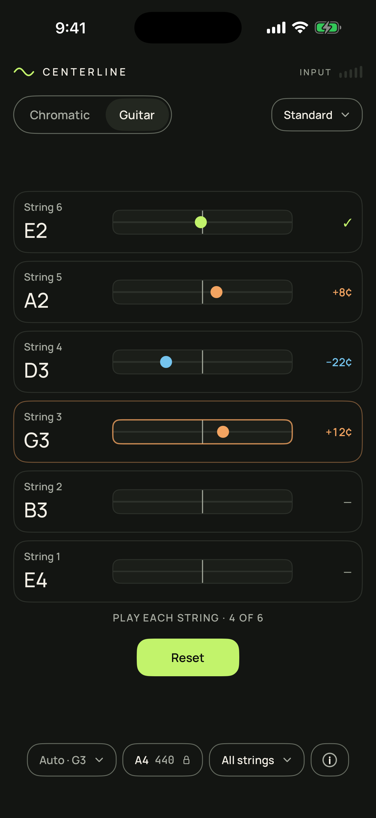 Guitar All strings display showing four of six strings read